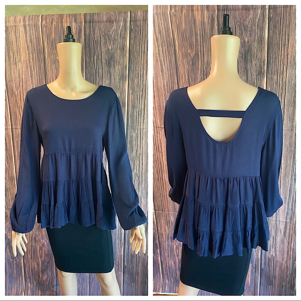 Alya dark navy blue size medium ruffles casual boho long sleeve blouse top